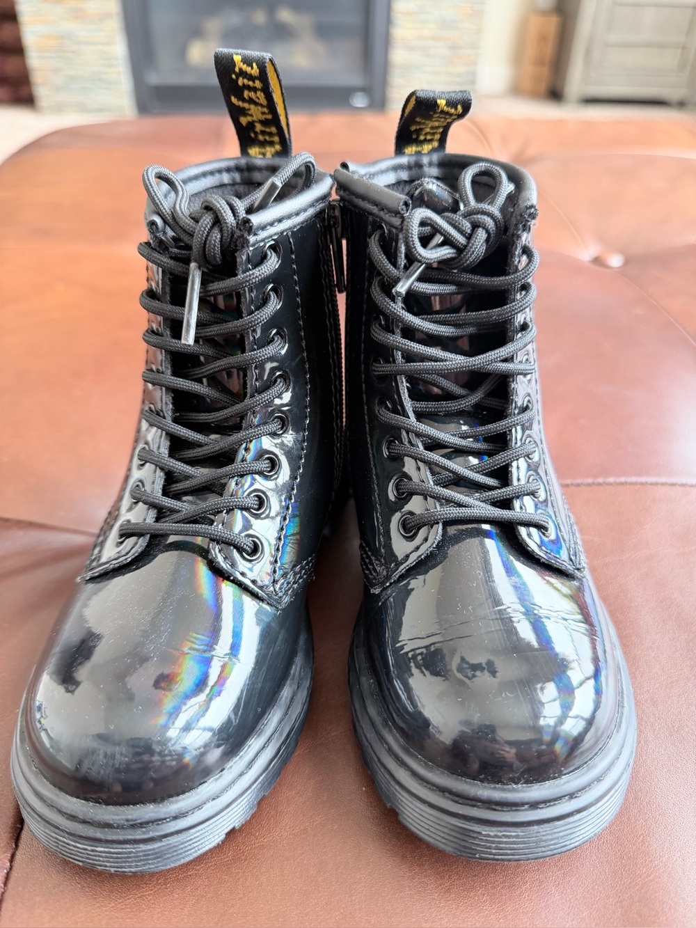 Doc Martens Black Patent Combat Boots with Back Loop